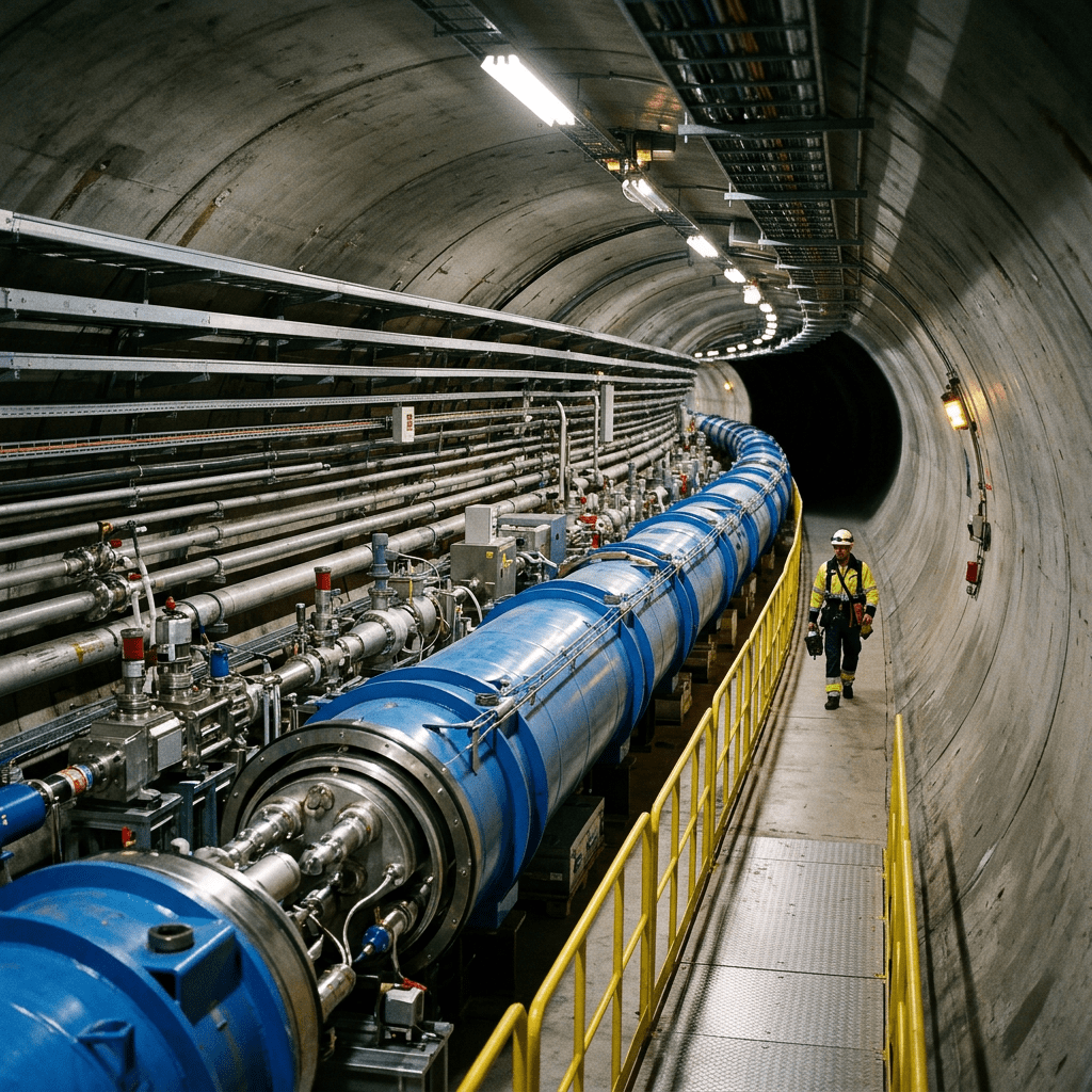 Worker walking beside a long blue particle accelerator inside a curved tunnel