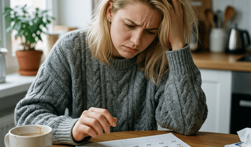 Woman with worried expression looking at a calendar with marked dates