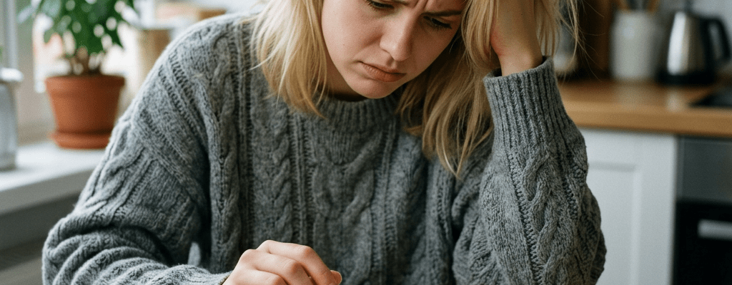 Woman with worried expression looking at a calendar with marked dates