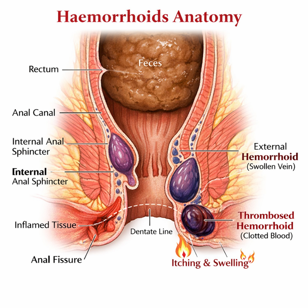 Anatomical diagram of rectum, anal canal, internal and external hemorrhoids, anal fissure, and inflamed tissue