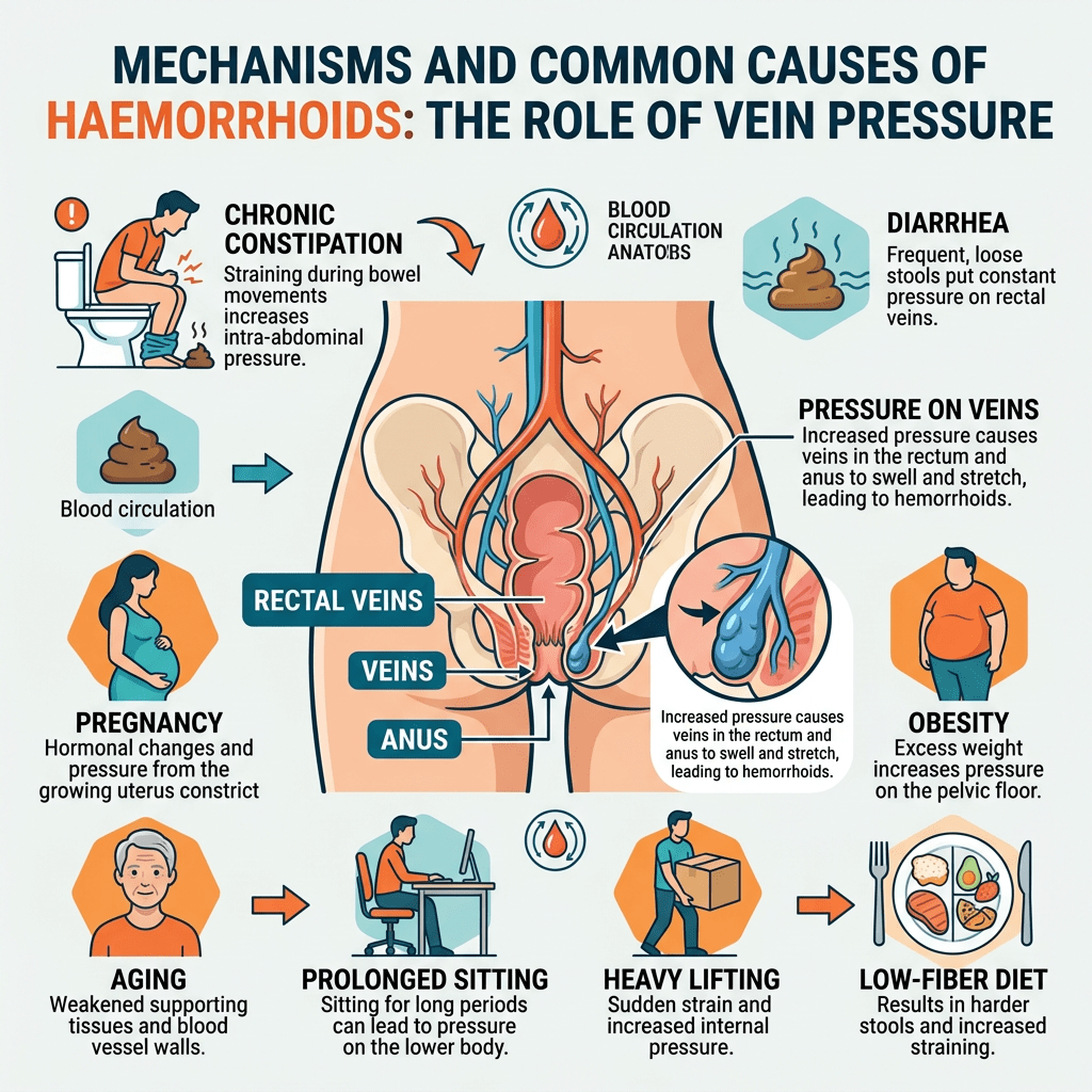 Diagram showing causes of haemorrhoids pressure veins