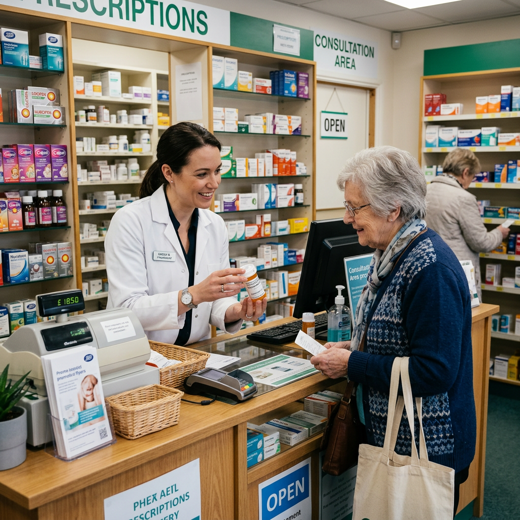Pharmacist holding a medication bottle while speaking with an elderly woman at pharmacy counter