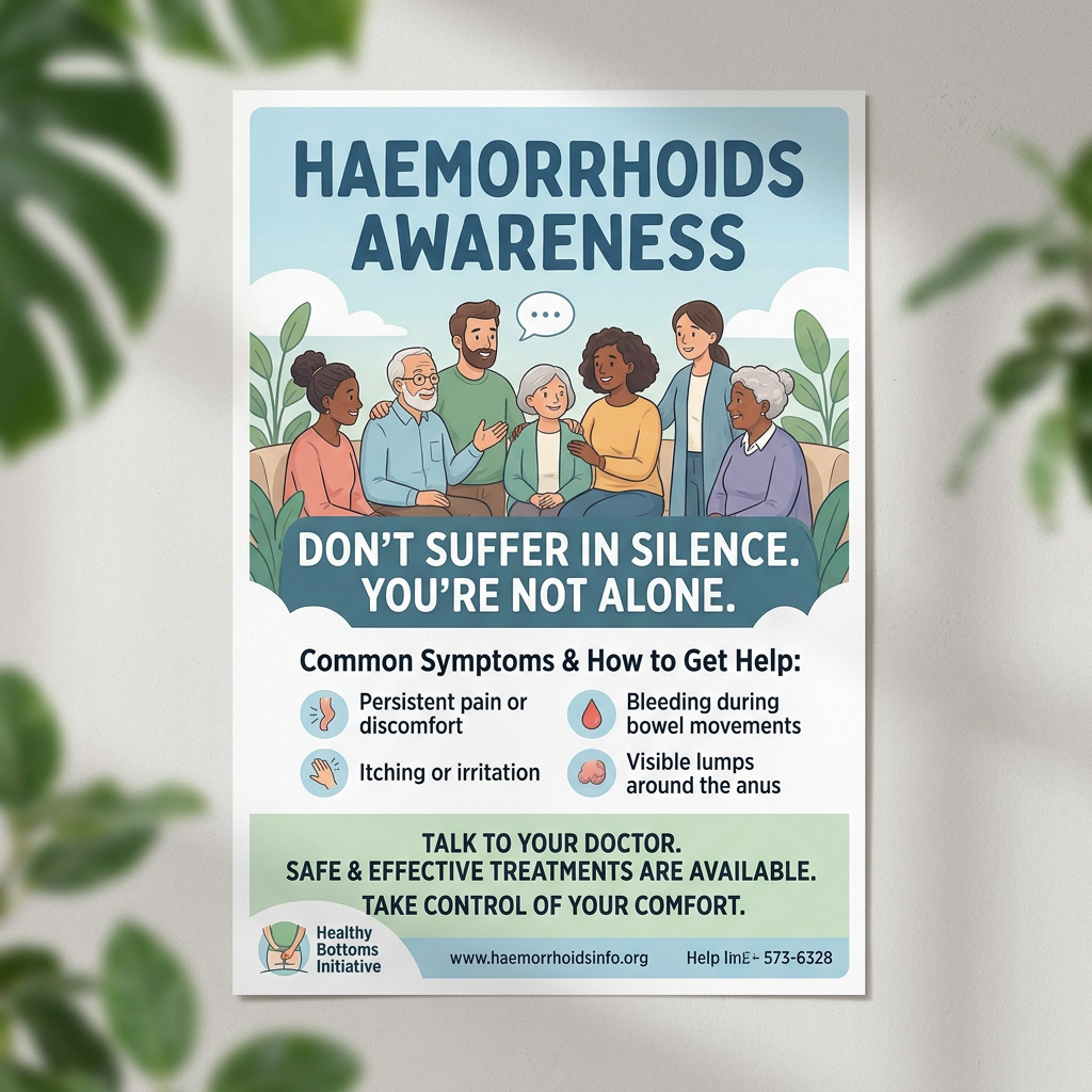 Haemorrhoids awareness poster showing symptoms and treatment advice with diverse people illustration