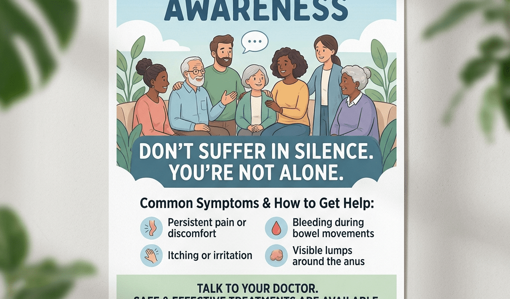 Haemorrhoids awareness poster showing symptoms and treatment advice with diverse people illustration