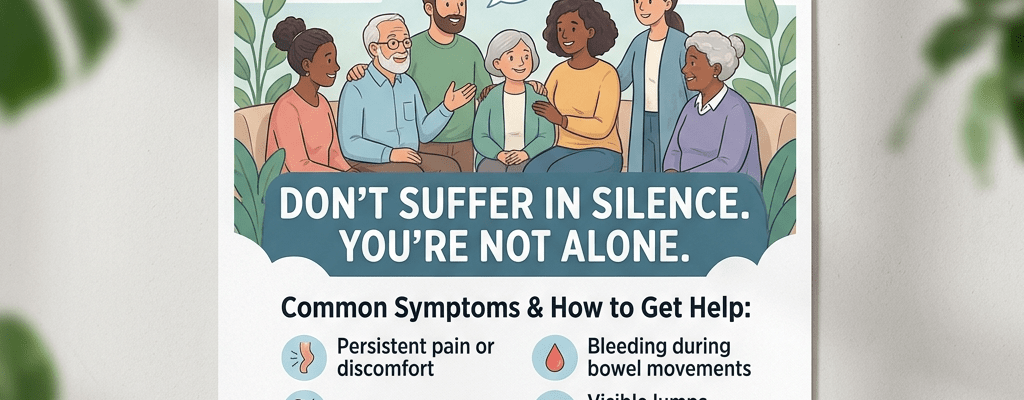 Haemorrhoids awareness poster showing symptoms and treatment advice with diverse people illustration