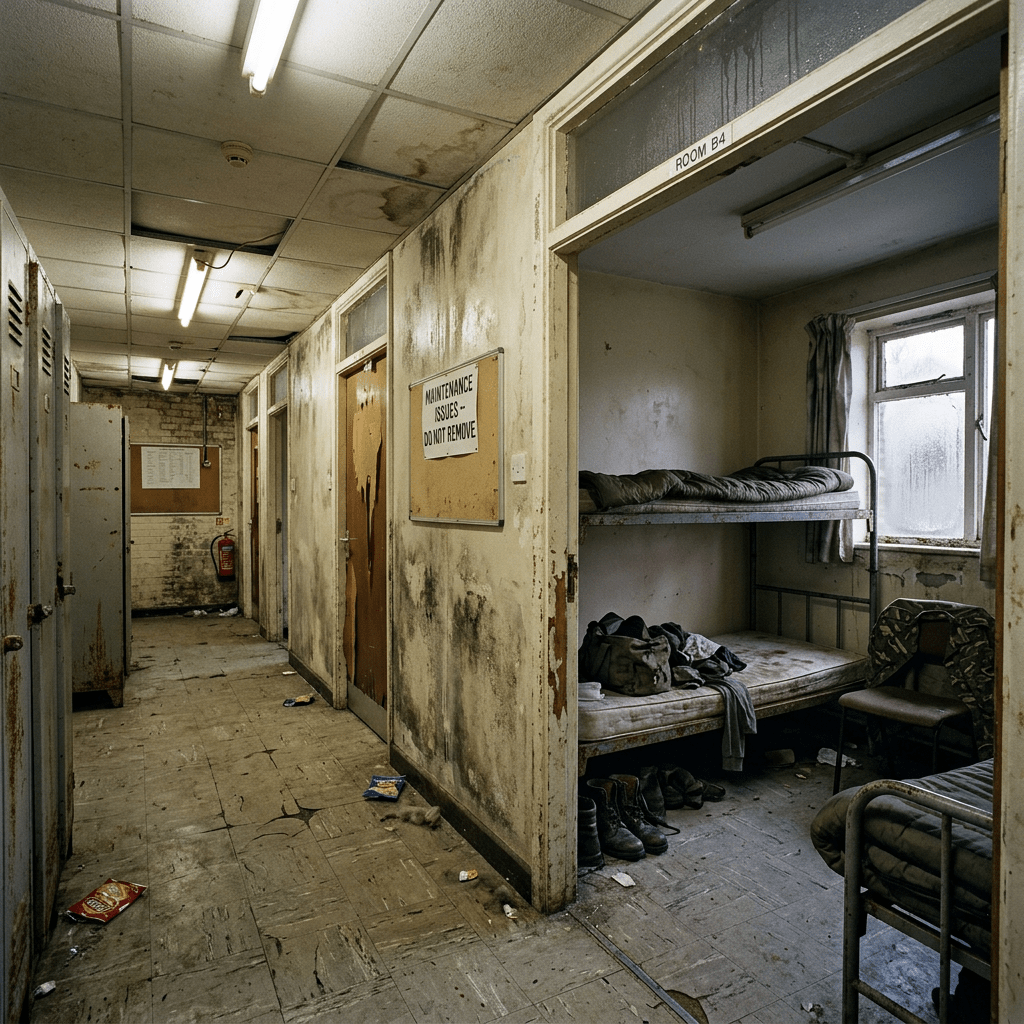 Dilapidated military barracks hallway and room with rusty metal bunk beds and scattered boots