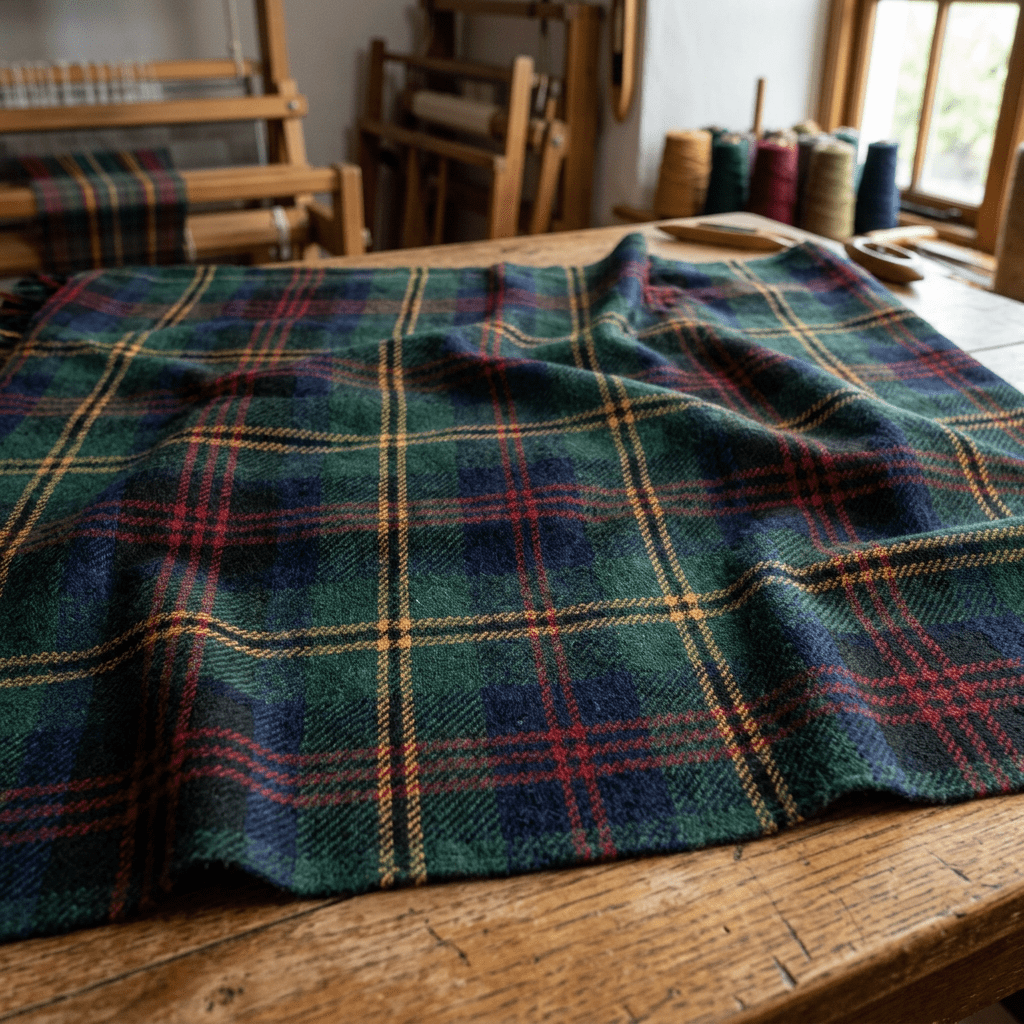 Green, blue, red, and yellow tartan fabric spread on a wooden table