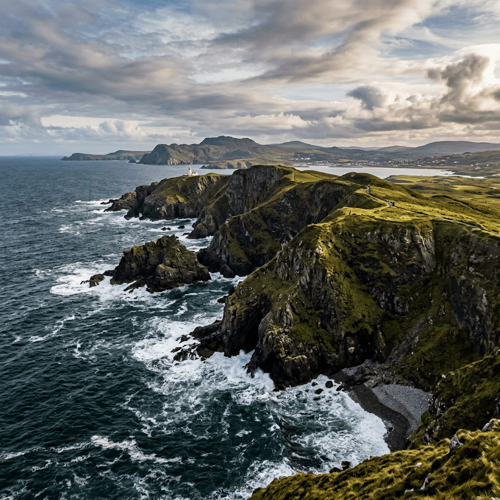 Rugged green cliffs beside ocean waves with a small white lighthouse on a headland