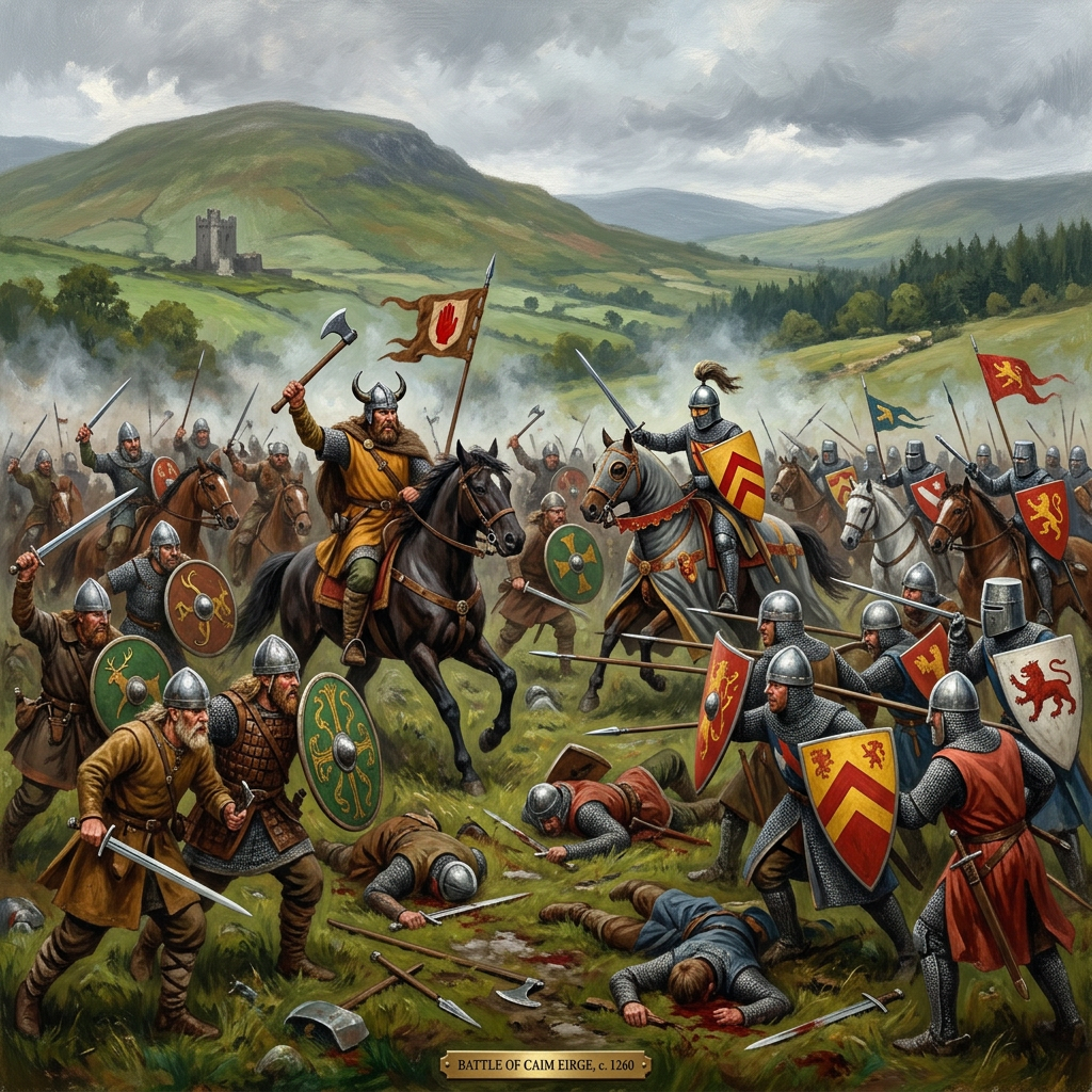 Medieval soldiers in armor fighting on a grassy battlefield with banners and horses
