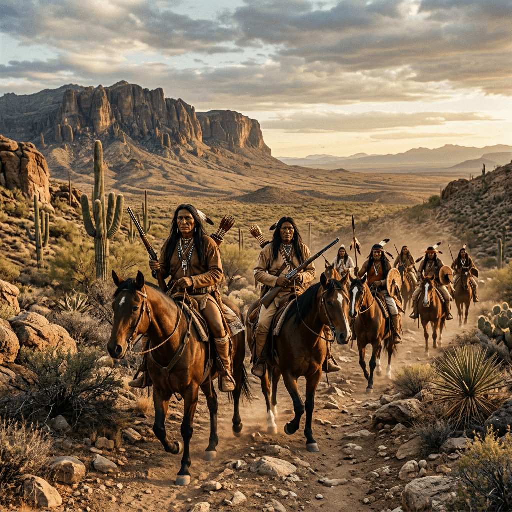 Group of Native American men on horseback riding down a rocky desert trail
