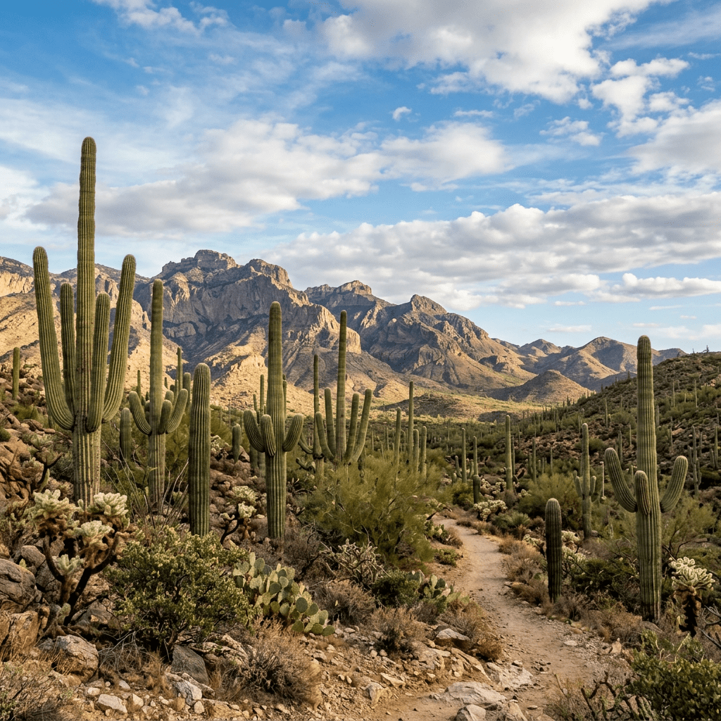 Desert trail surrounded by tall saguaro cacti and mountainous landscape under blue sky