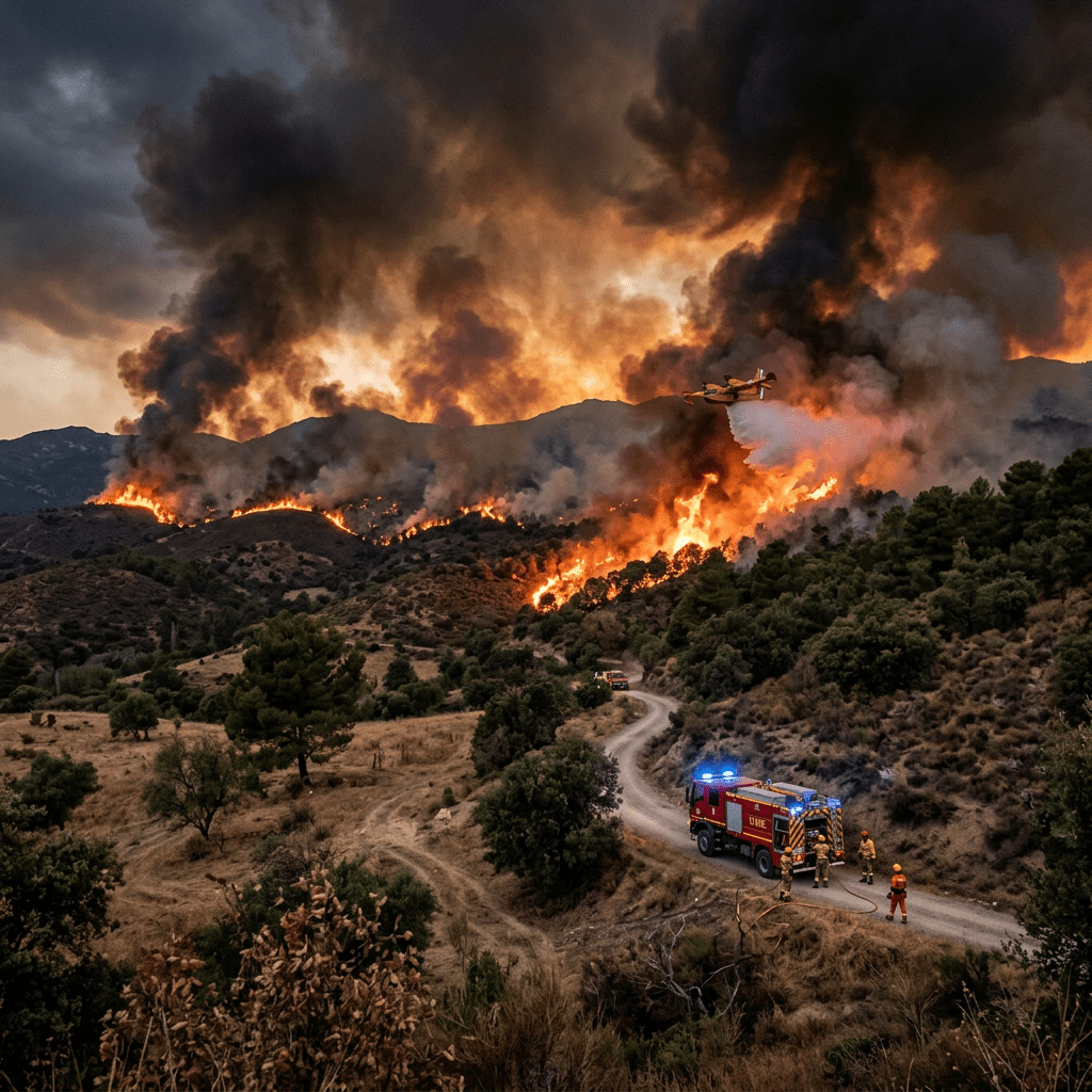 Firefighters and water bomber plane combating wildfire on mountains with heavy smoke