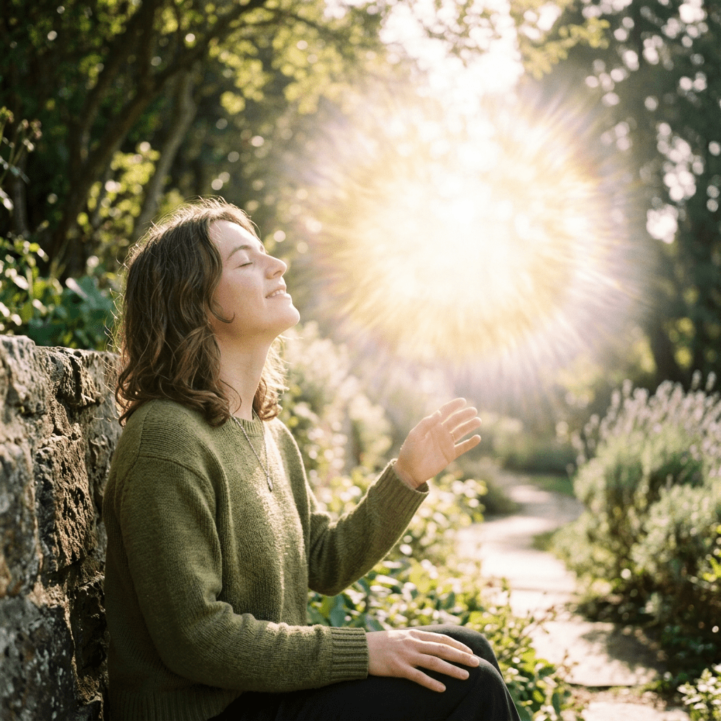 Woman sitting against stone wall with eyes closed enjoying sunlight