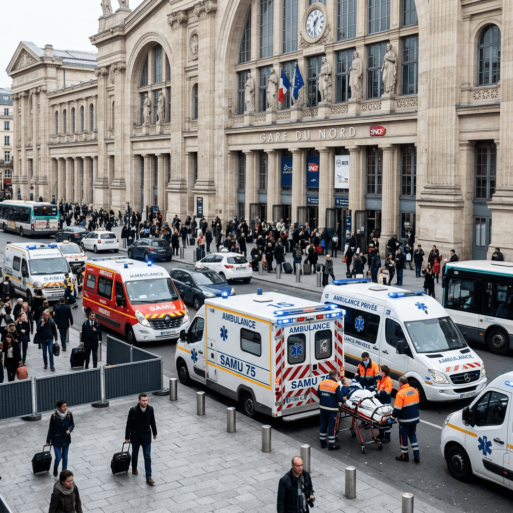 Multiple ambulances and paramedics with patient stretcher outside Gare du Nord train station