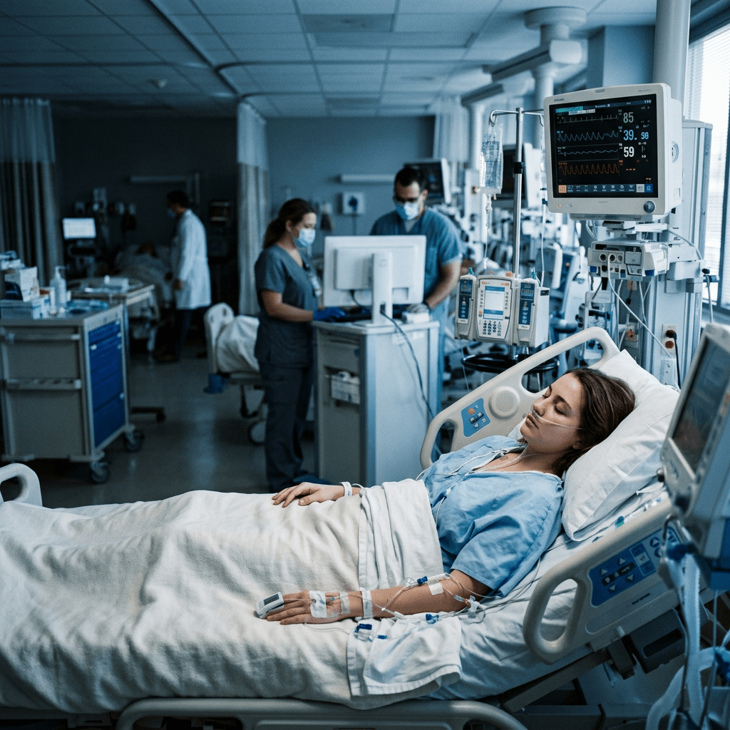 Patient in hospital bed connected to monitors and IVs with medical staff in background