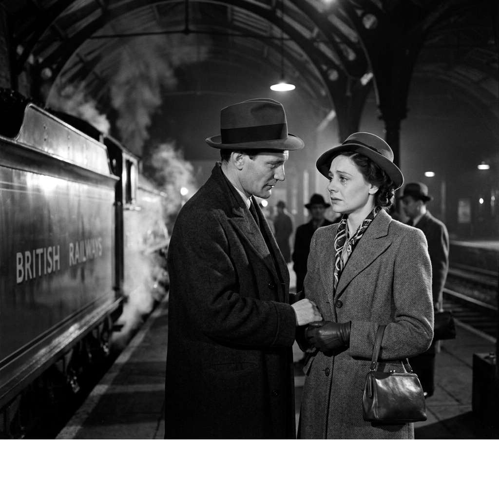 A man and woman in vintage clothing holding hands on a train platform with steam engine