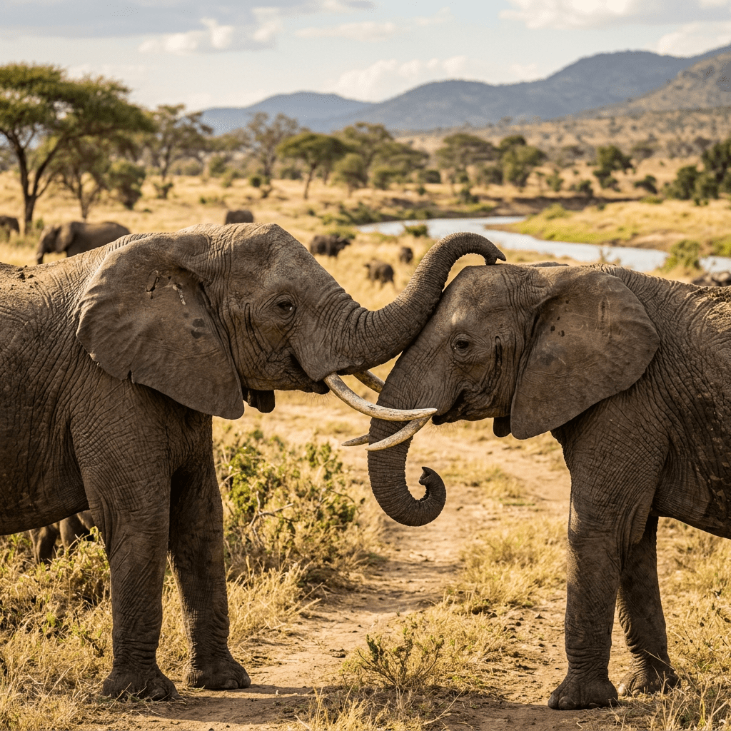 Two young elephants facing each other with trunks entwined in a savannah landscape