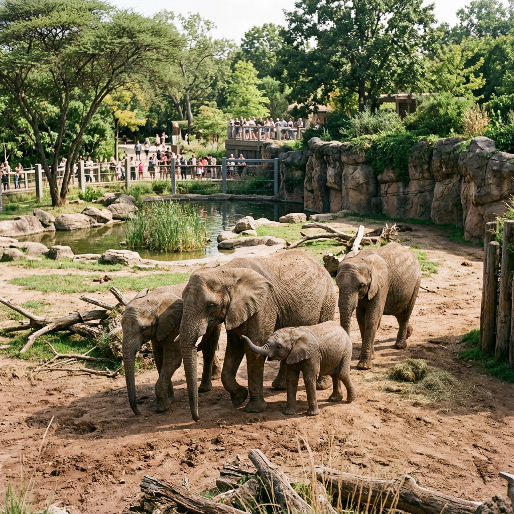 Four elephants walking together in a zoo enclosure with rocks and trees
