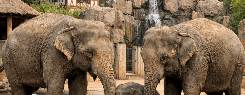 Two adult elephants and one baby elephant standing on sandy ground in a zoo with German flag and historic buildings behind