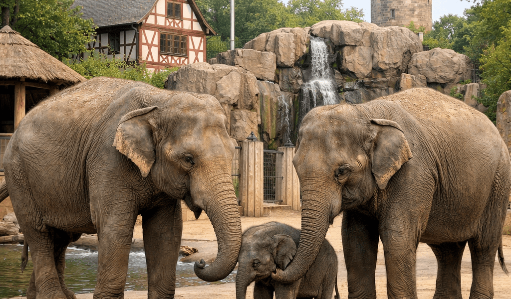 Two adult elephants and one baby elephant standing on sandy ground in a zoo with German flag and historic buildings behind