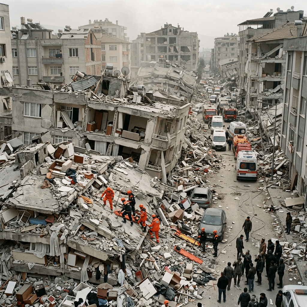 Rescue workers in orange uniforms carry a stretcher over rubble amid collapsed buildings with emergency vehicles on street