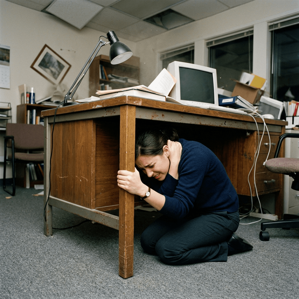 Woman crouching under office desk holding onto its leg during safety drill