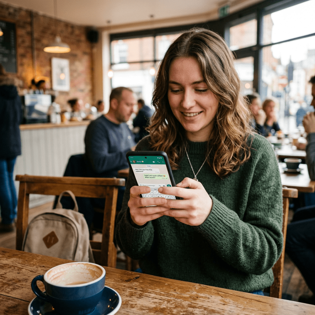 Young woman in green sweater texting on smartphone at café table