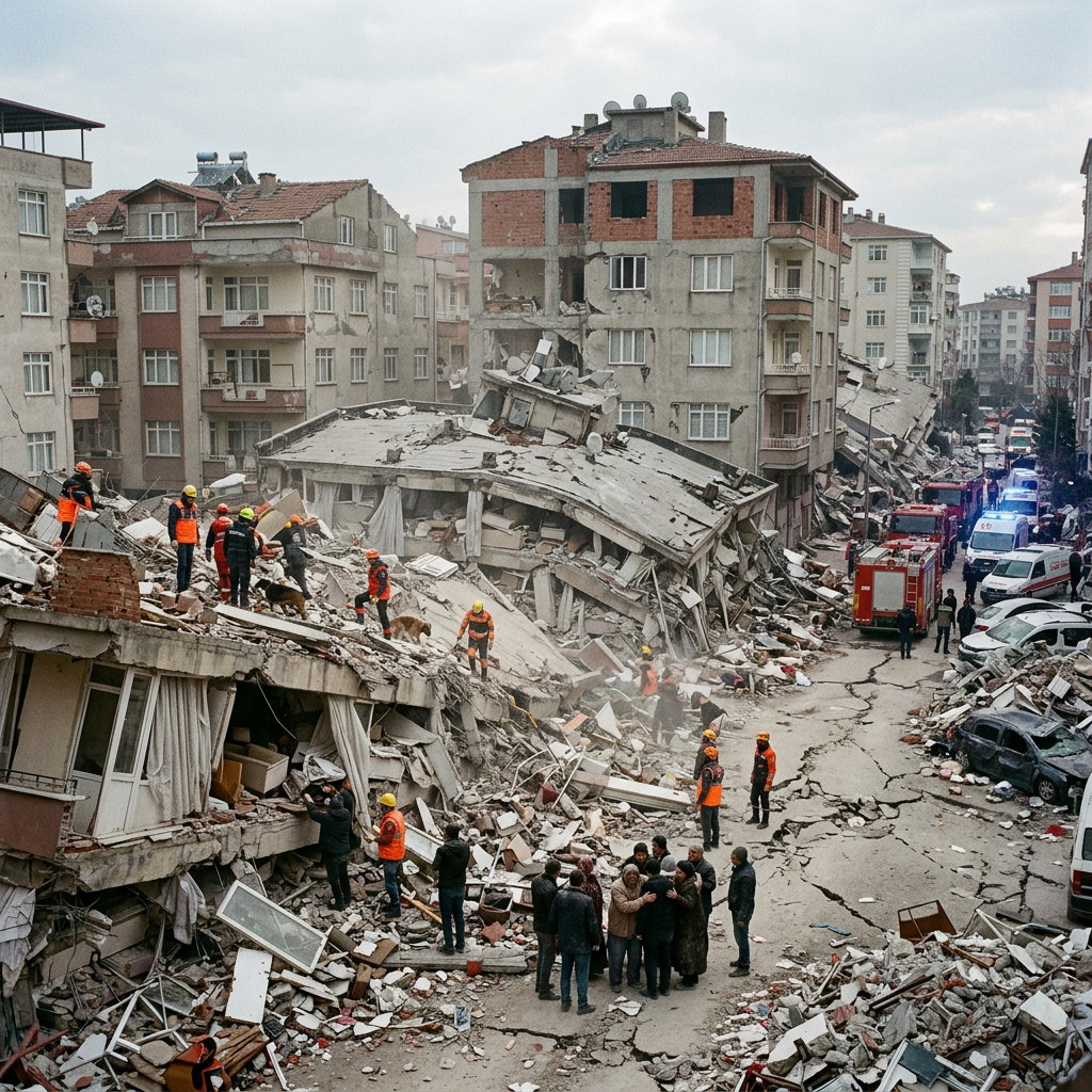 Rescue workers and residents amidst collapsed buildings and rubble after earthquake