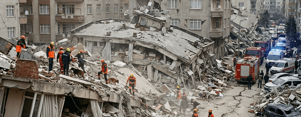 Rescue workers and residents amidst collapsed buildings and rubble after earthquake