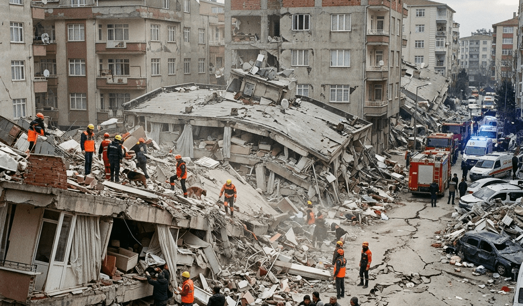 Rescue workers and residents amidst collapsed buildings and rubble after earthquake