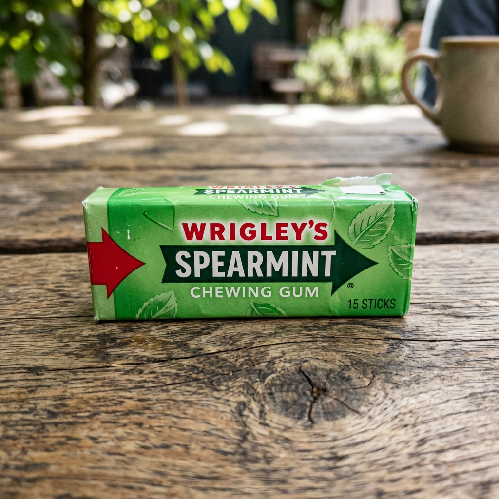 Wrigley's Spearmint chewing gum pack with 15 sticks on a wooden table