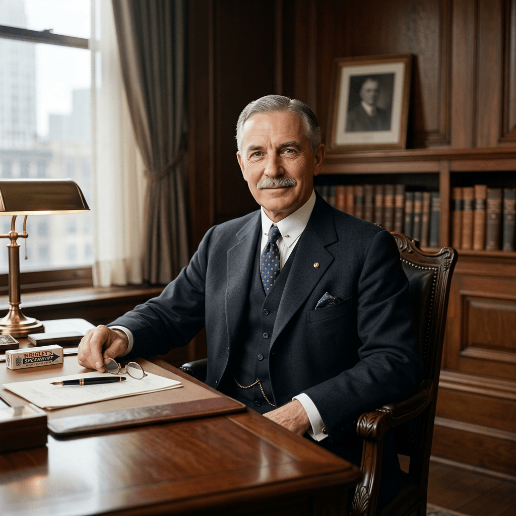 Older man in dark suit sitting at wooden desk with documents and glasses