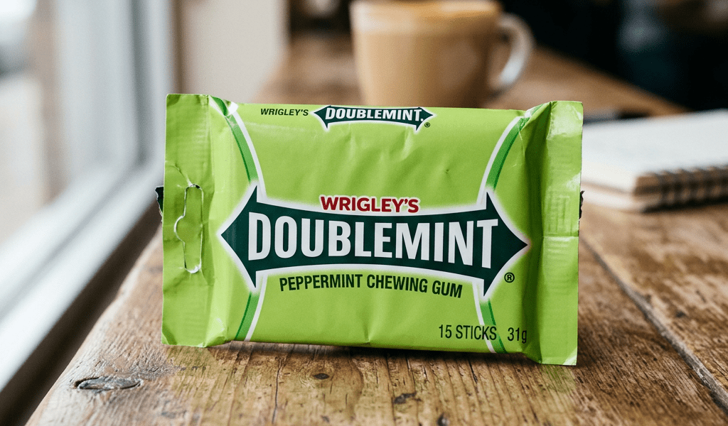 Pack of Wrigley's Doublemint peppermint chewing gum on wooden surface