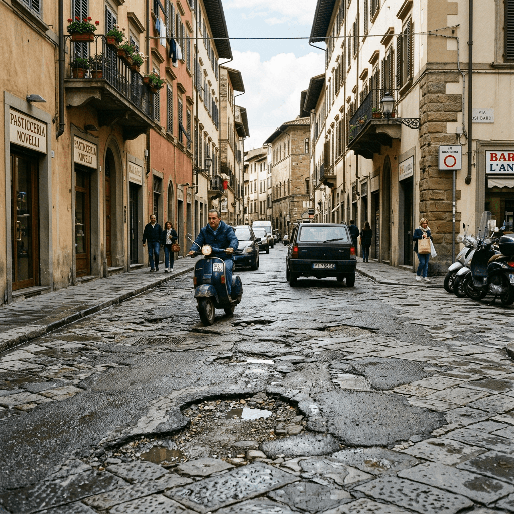 Cobblestone street with large potholes, scooter, cars, and pedestrians