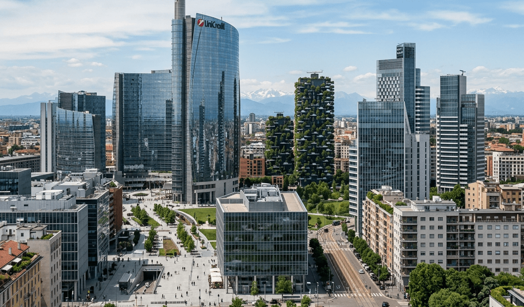 Urban skyline of Milan with tall glass skyscrapers and two green vertical forest towers