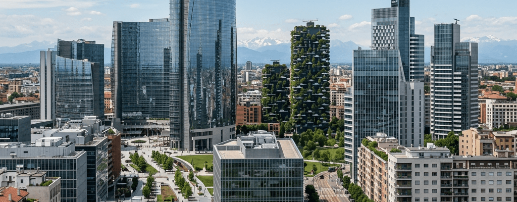 Urban skyline of Milan with tall glass skyscrapers and two green vertical forest towers