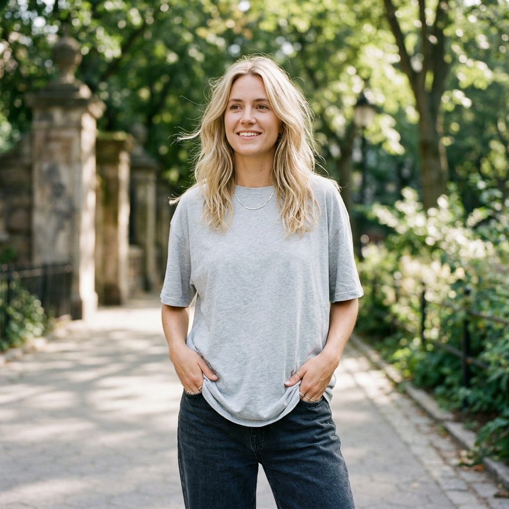 Smiling young woman in gray t-shirt and dark jeans standing outdoors on a tree-lined pathway