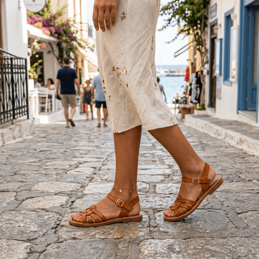 Close-up of feet in brown leather sandals walking on cobblestone street with a light dress.