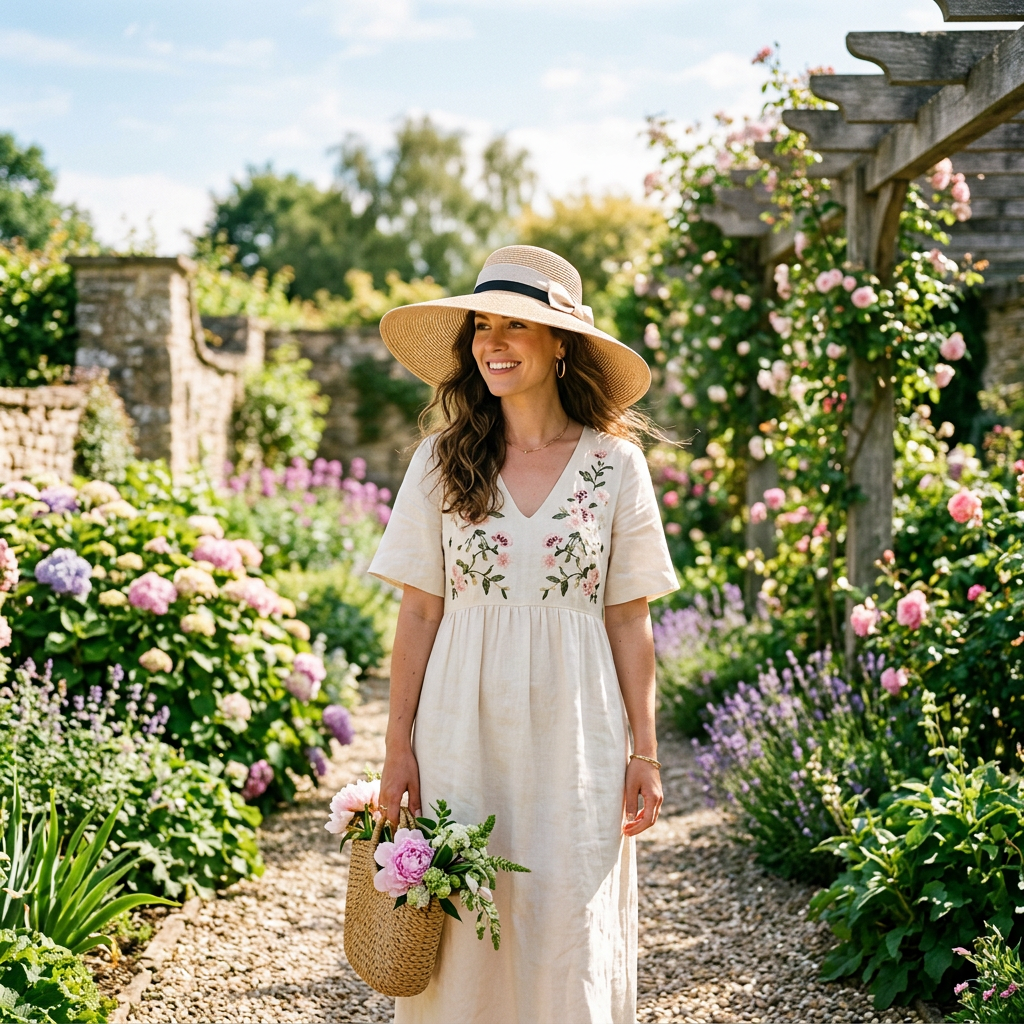 Woman in cream dress and wide hat walking in flower garden with basket of blossoms