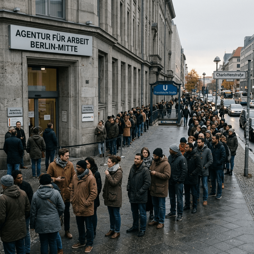 A long line of people dressed in winter clothing waiting outside the Agentur für Arbeit Berlin-Mitte building