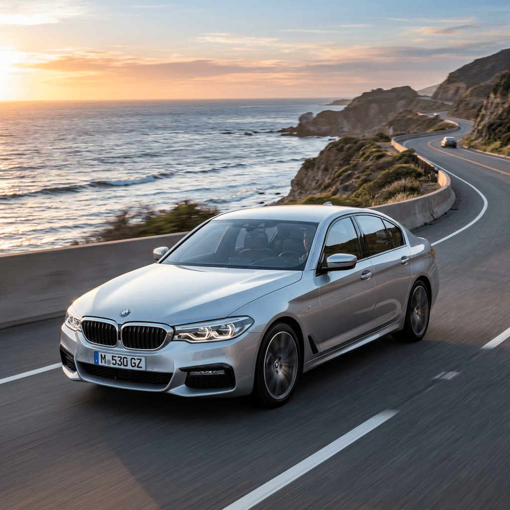 Silver BMW sedan driving on winding coastal road with ocean in background