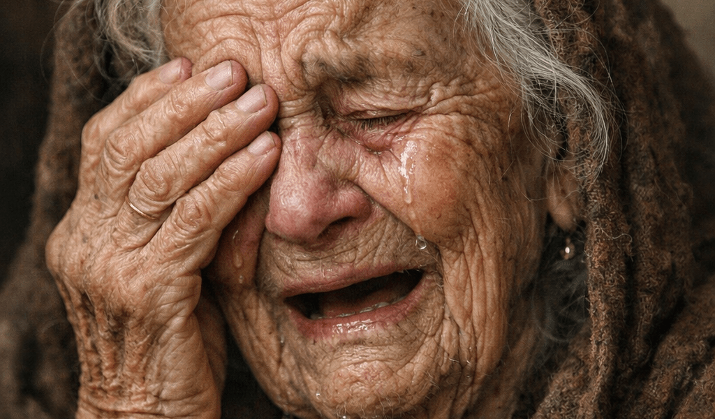 Elderly woman crying with her hand covering one eye, tears on her face