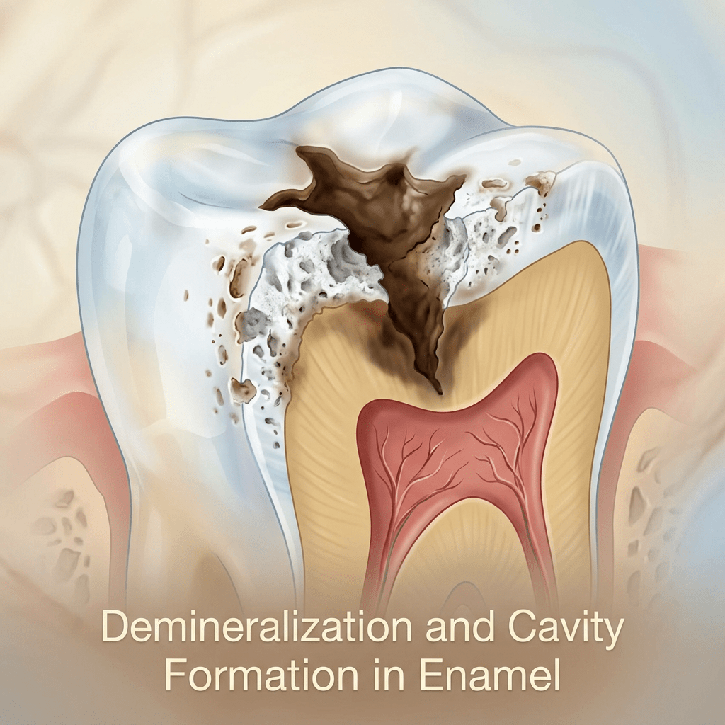 Cross-section of a tooth showing enamel decay and cavity forming in the enamel layer