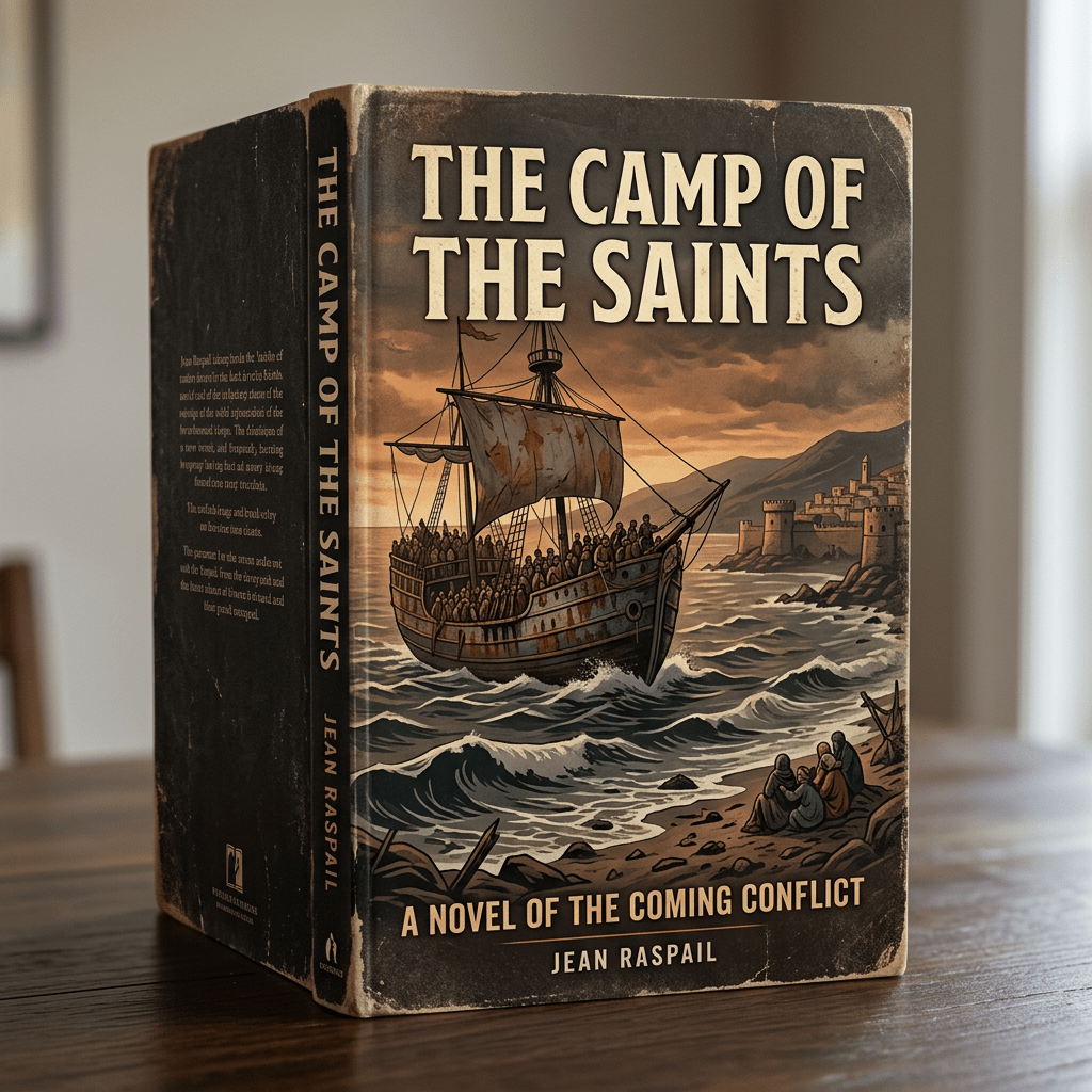 Book cover of 'The Camp of the Saints' showing a ship with many people sailing towards a coastal fortress under a cloudy sky