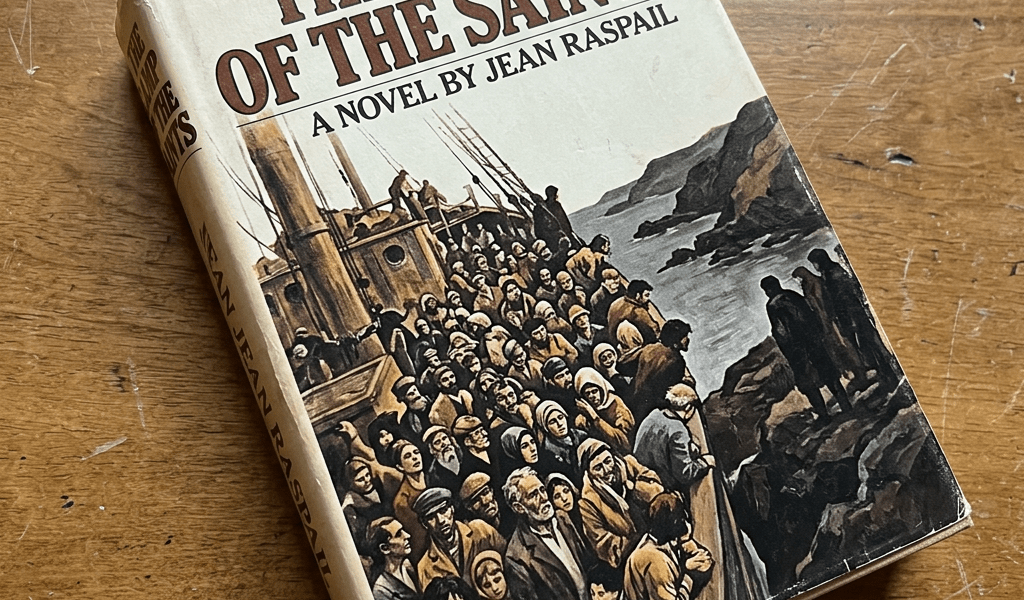 Book cover titled 'The Camp of the Saints' by Jean Raspail showing an illustration of many people crowded on a ship near rocky shores