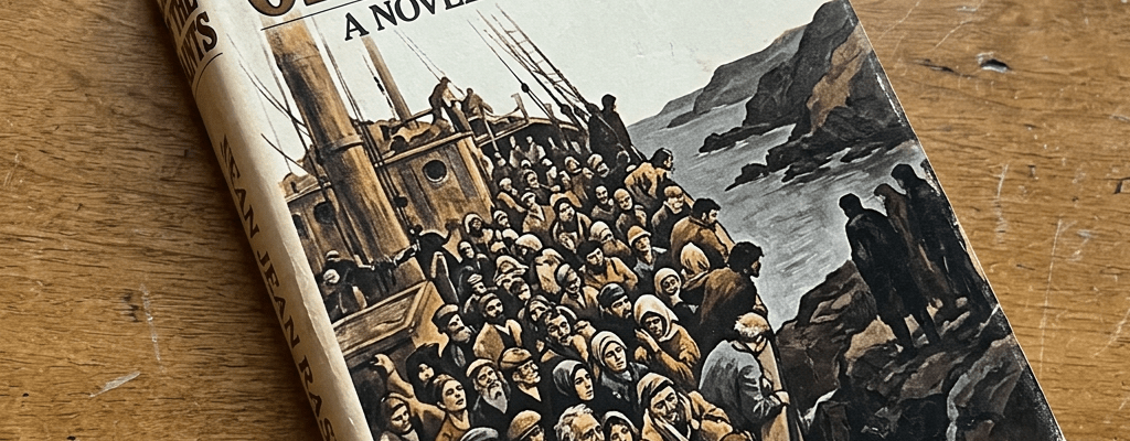 Book cover titled 'The Camp of the Saints' by Jean Raspail showing an illustration of many people crowded on a ship near rocky shores