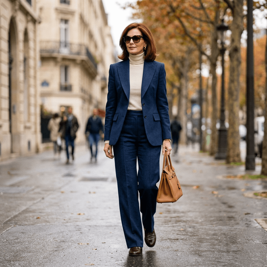 Woman in navy blazer and pants with beige turtleneck and brown handbag walking on wet city sidewalk