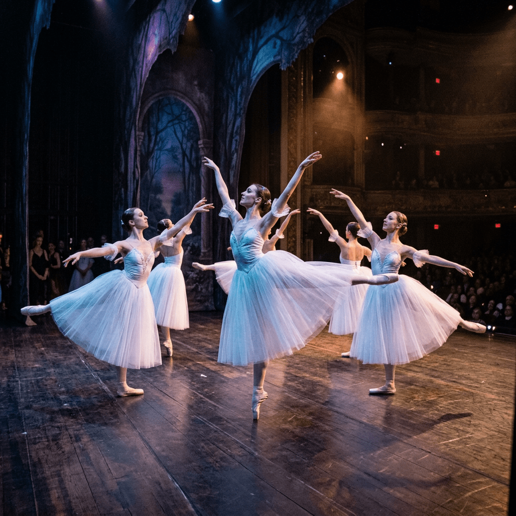 Ballet dancers in white tutus performing on stage with raised arms and pointed toes