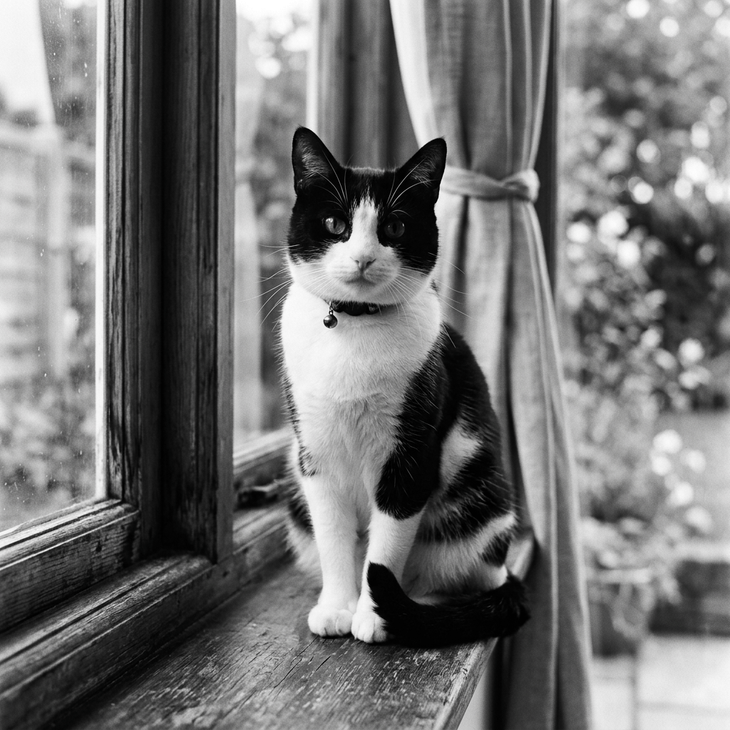Black and white cat sitting on wooden windowsill with curtain and blurred garden background