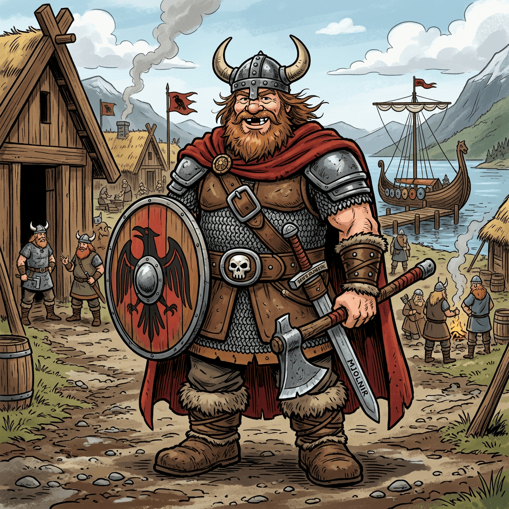 Bearded Viking warrior with helmet, shield, axe, and sword in a village by the sea with Viking longship